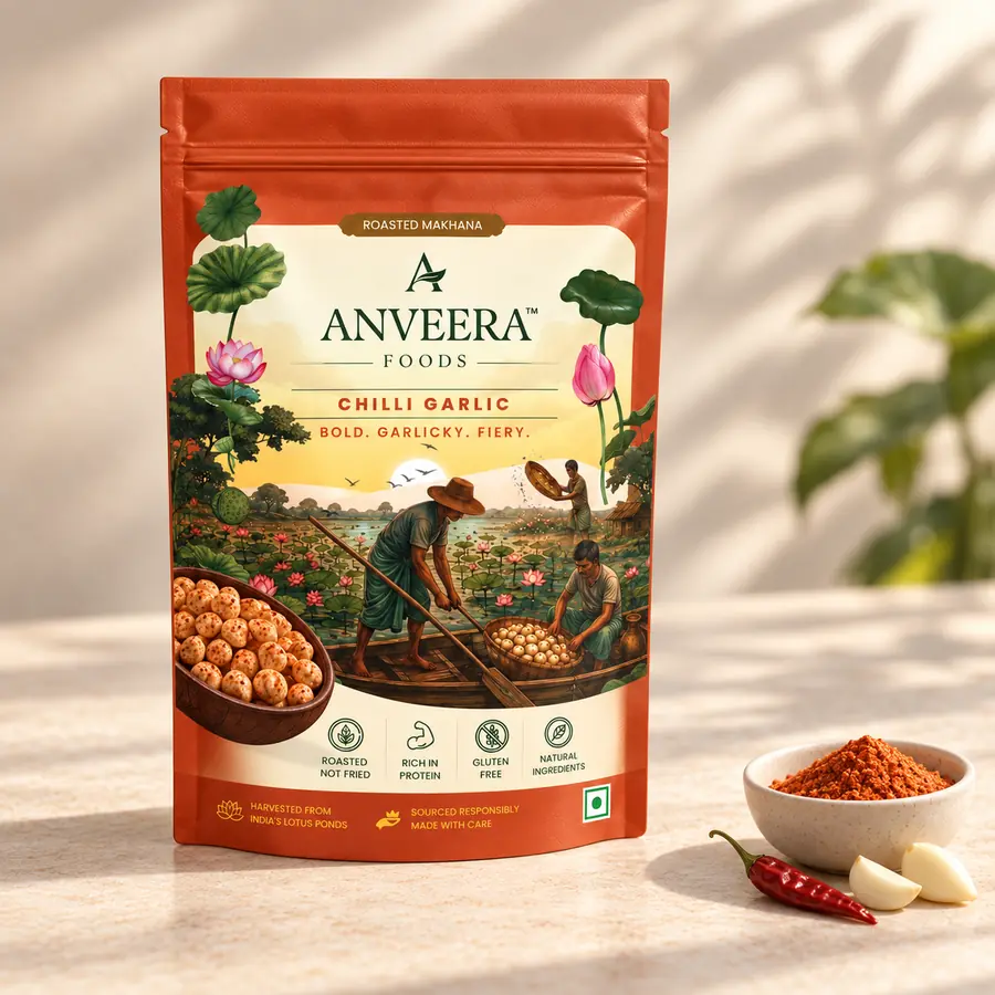 Home — Anveera Foods Anveera Chilli Garlic roasted makhana, 50 g pouch