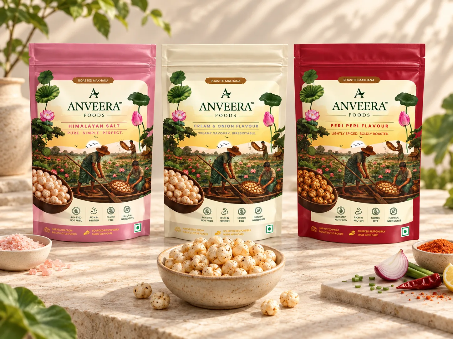 Home — Anveera Foods Anveera Himalayan Salt, Cream and Onion and Peri-Peri makhana pouches together